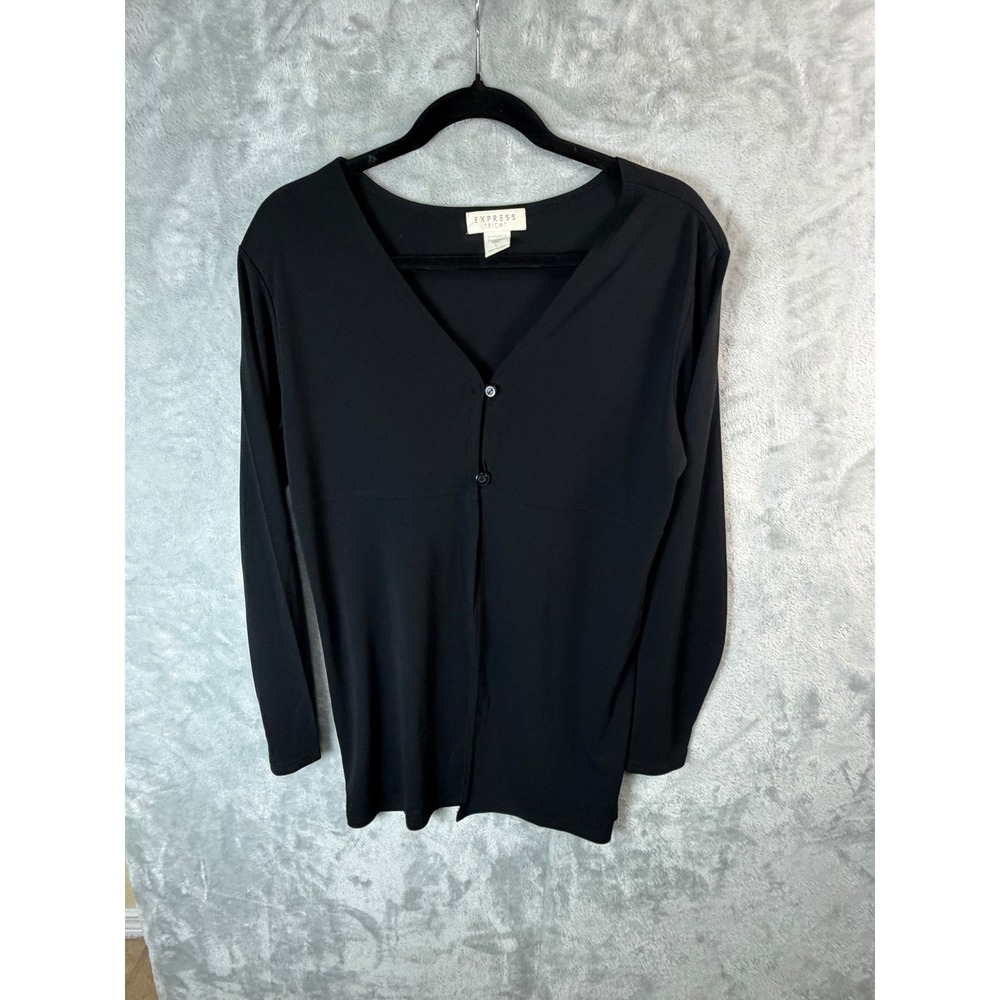 EXPRESS TRICOT Cardigan Womens L Black V Neck Button Front Rayon Minimalist